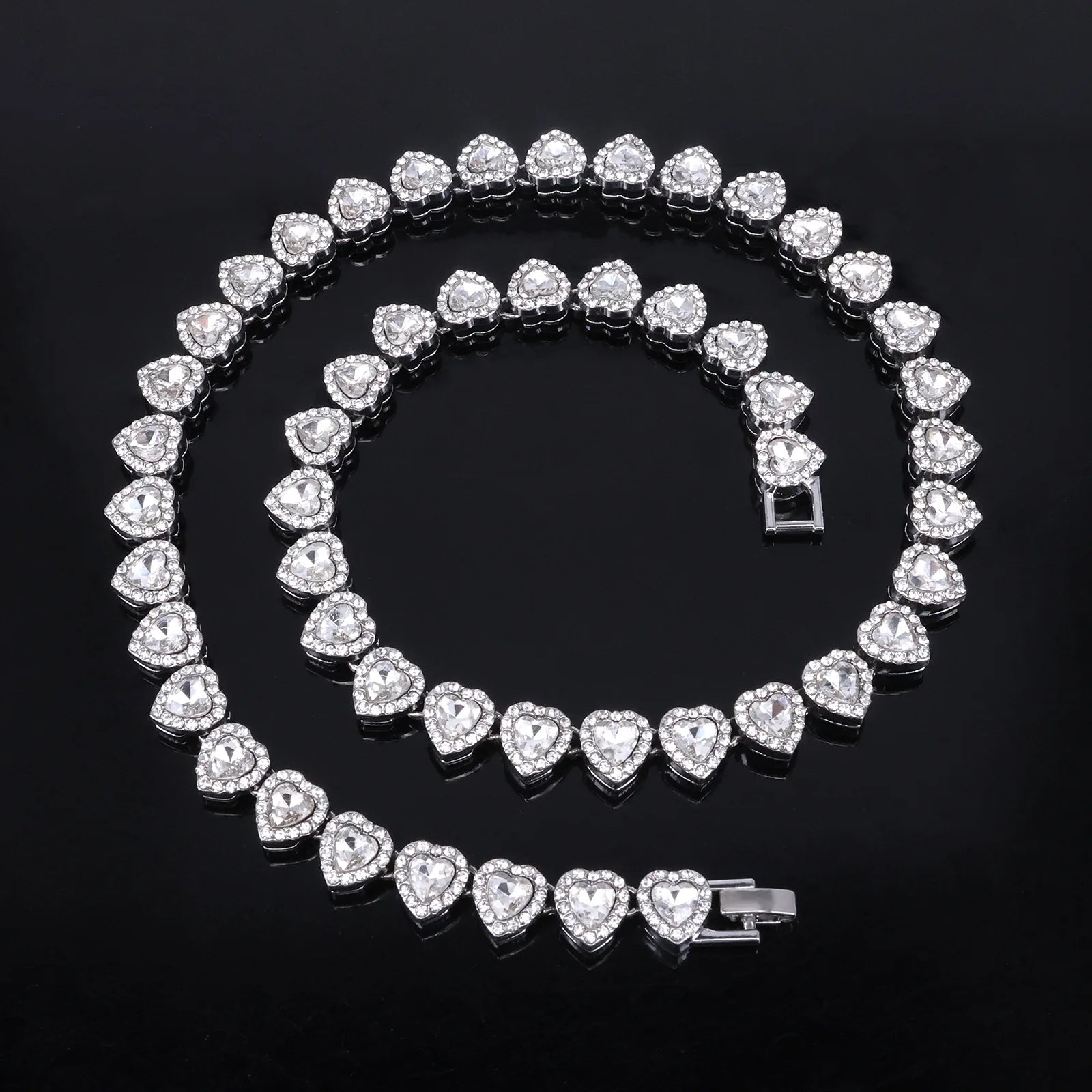 ZAKOL 45CM New Hip Hop Tennis Chain Bracelet Necklace Shiny Heart Rhinestone CZ Fashion Rock Party Jewelry Set - Sliver Color