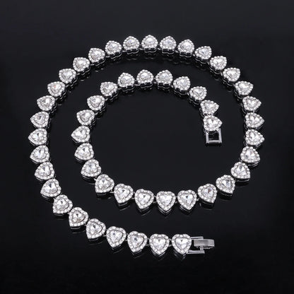 ZAKOL 45CM New Hip Hop Tennis Chain Bracelet Necklace Shiny Heart Rhinestone CZ Fashion Rock Party Jewelry Set - Sliver Color