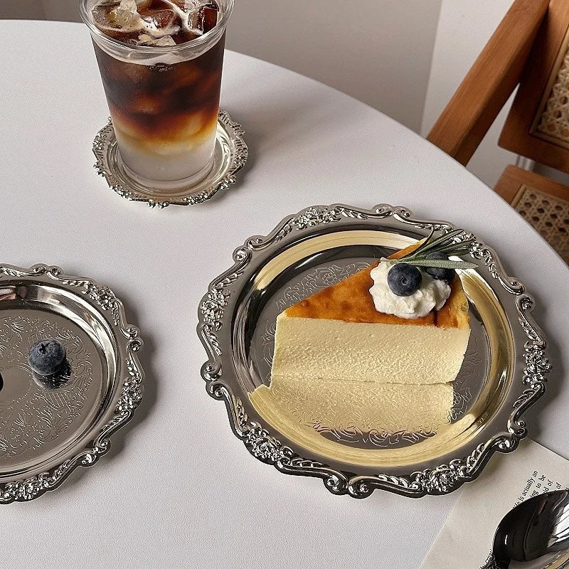 Retro Luxury Silver Plated Plates Cake Dessert Tray High Tea Snack Fruit Dish Jewelry Storage Tabletop Decor Home Hotel Suppl