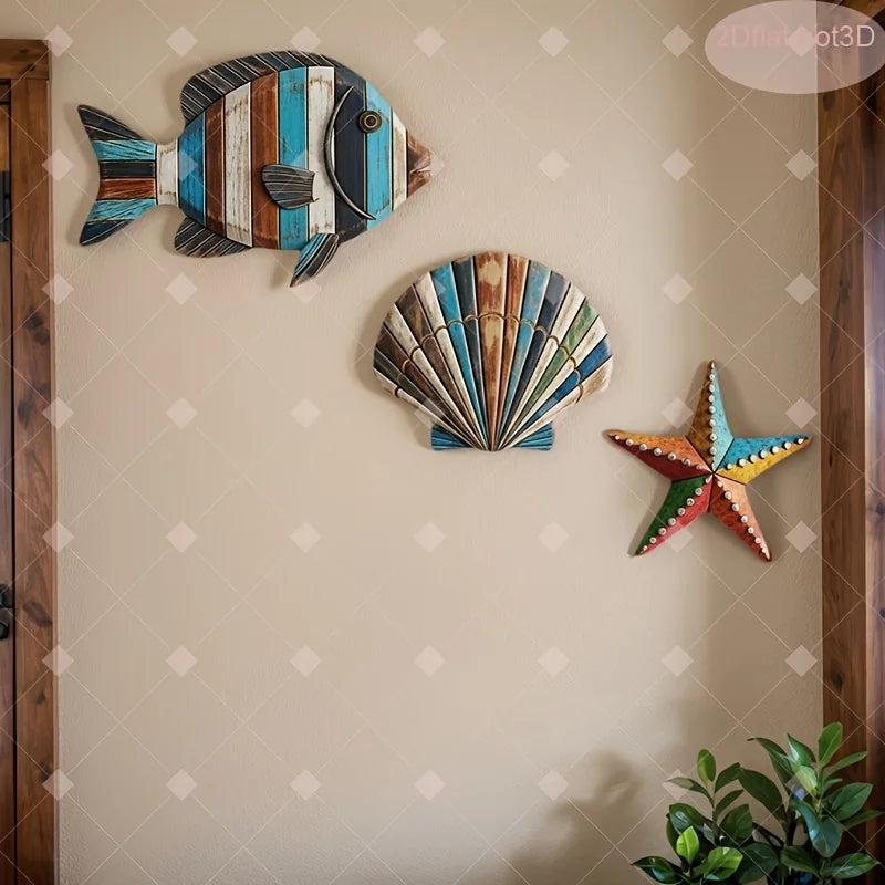 1 Set of Colorful Wooden Ocean Art Wooden Sea Fish Shells Starfish Farmhouse Style Decor Living Room Bedroom Wall Art Decorat