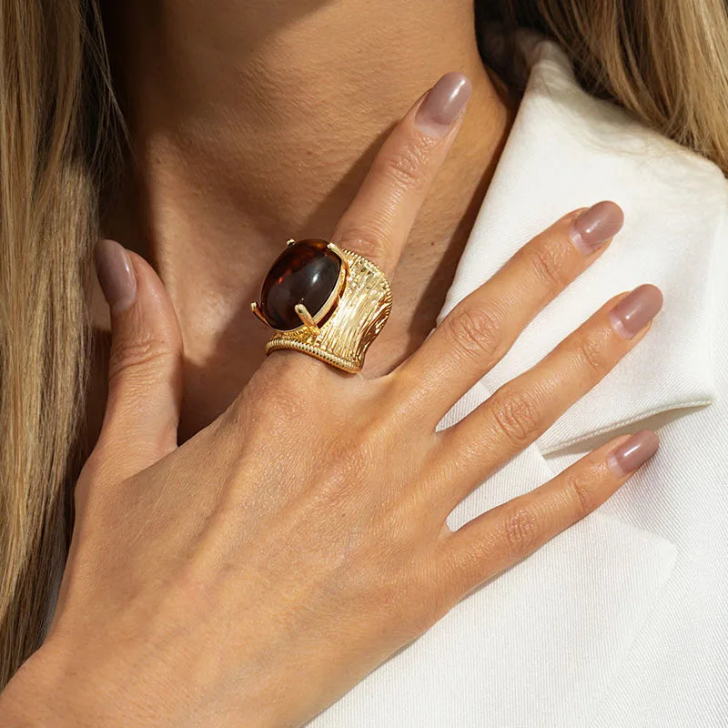 Vintage Chunky Metal Ring for Women Exaggerated Imitation Gemstone Geometric Metal Stripe Wide Surface Rings Jewelry Gifts - 