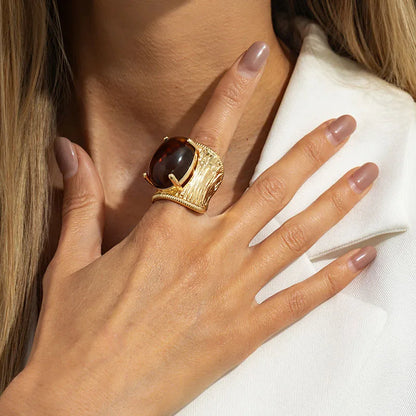 Vintage Chunky Metal Ring for Women Exaggerated Imitation Gemstone Geometric Metal Stripe Wide Surface Rings Jewelry Gifts - 