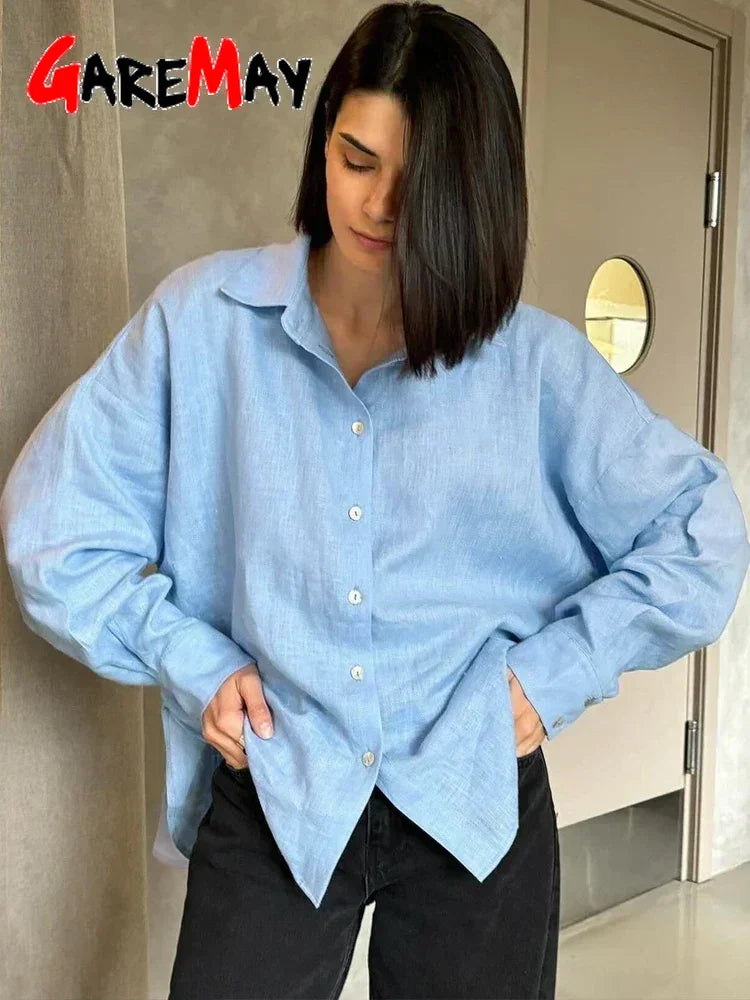 White Women's Linen Shirt Long Sleeve Elegant Pink Oversize Blouse Vintage Spring Basic Top Collar Cotton Linen Shirt for Wom