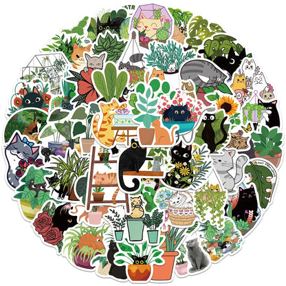 50 PCS Cat and Plant Stickers for Water Bottles,Cute Vinyl Waterproof Laptop Skateboard Stickers Aesthetic Computer Hydroflas