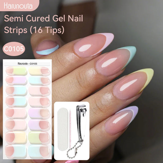 Harunouta 16strips Semi Cured Gel Nail Strips with Nail Clipper Set Self-Adhesive Glitter for Nails Work with UV/LED