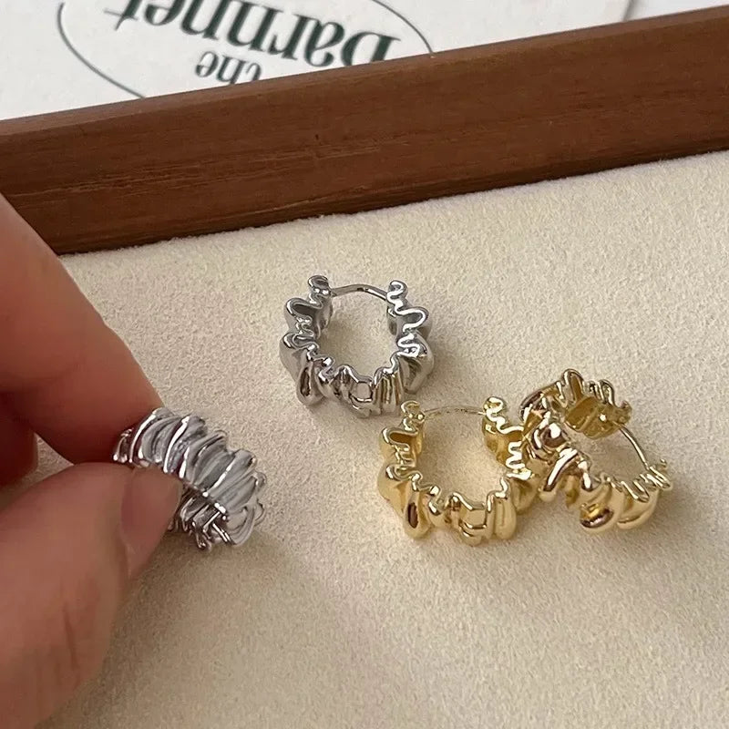 Personality Irregular Wavy Pleated Hoop Earrings for Women New Charm Gold Color Stainless Steel Dangle Jewelry Accessories Gi