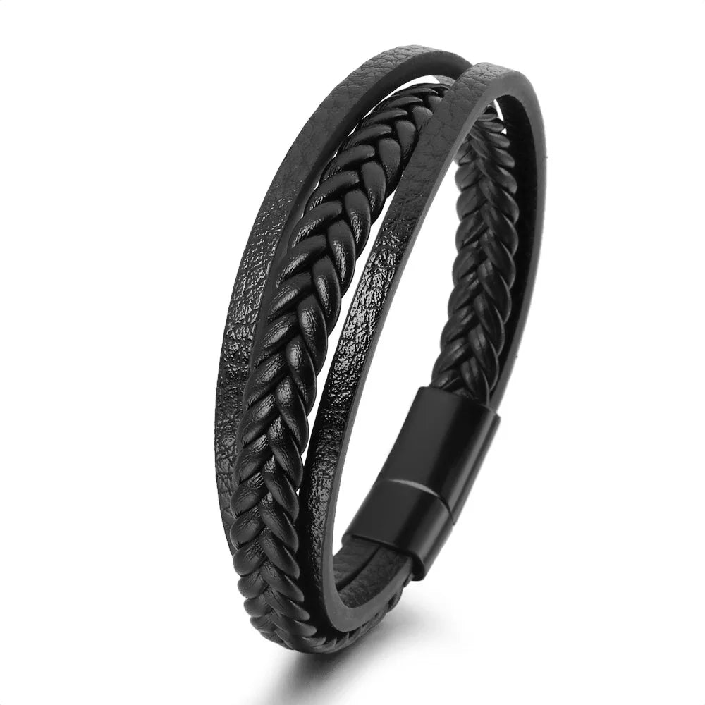 Trendy Leather Bracelets For Men Stainless Steel Bracelet 21CM Multilayer Braided Rope Bracelets for Male Jewelry Gifts - 2