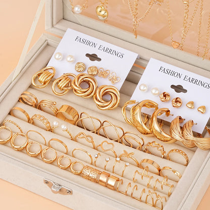 68 Pcs Boho Chic Jewelry Set Vintage Heart Pearl Zircon Butterfly Pendant Earrings Ring Necklace For Women Daily Wear Gifts 2