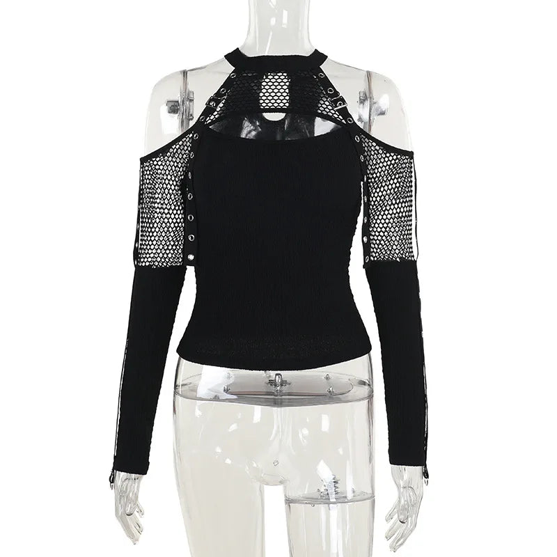 Goth Dark Punk Grunge Fishnet Patchwork Off Shoulder T-shirts Trim Corn Strap Halter Tops Autumn Mall Gothic Streetwear T-shi