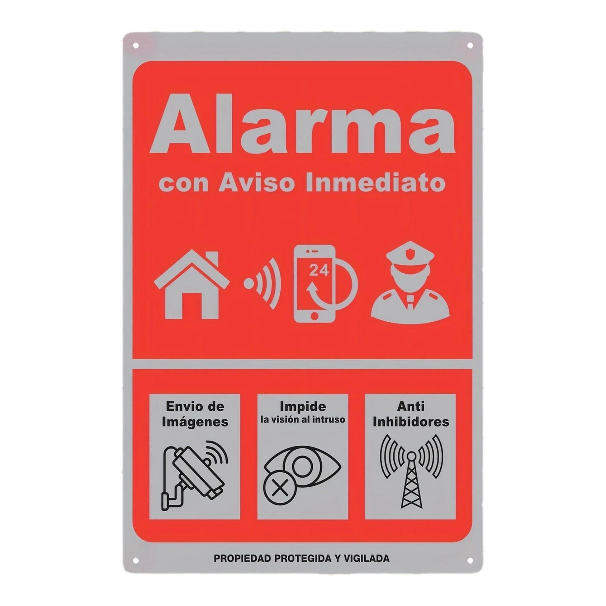 Instant Alert Alarm Sign - Iron Wall Decor, , Red with White Icons, Anti-Intrusion Vision, Anti-Inhibitors, 24/7 Protection, 