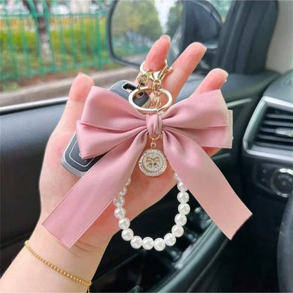 Keychain with Bow, Large Bow Tie, Carrying Bag for Hanging, Ornament, Bag Decorations, DIY Headphone Case, Accessories - Pink