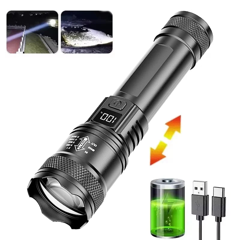 100000LM Super Bright Flashlight Rechargeable LED Torch Long Range Tactical Lamp for Outdoor Waterproof Camping Fishing Lante