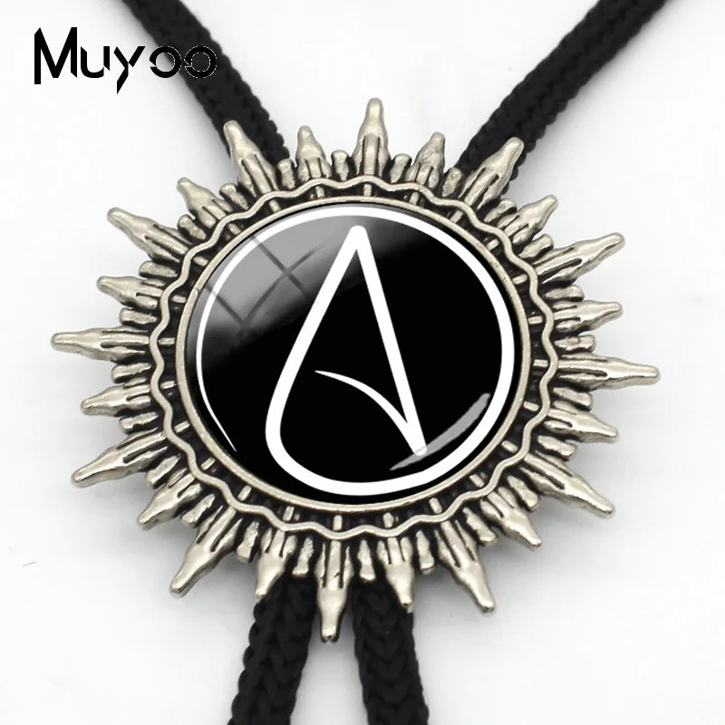 BOLO-0087 Fashion Hot Atheist Atheism Symbol Bolo Ties For Men Handmade Atheist Logo Round Glass Dome Slide Fashion Neck Tie 