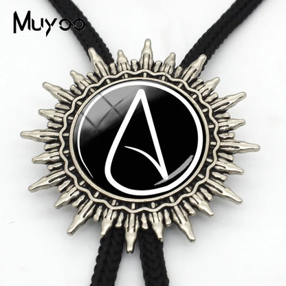 BOLO-0087 Fashion Hot Atheist Atheism Symbol Bolo Ties For Men Handmade Atheist Logo Round Glass Dome Slide Fashion Neck Tie