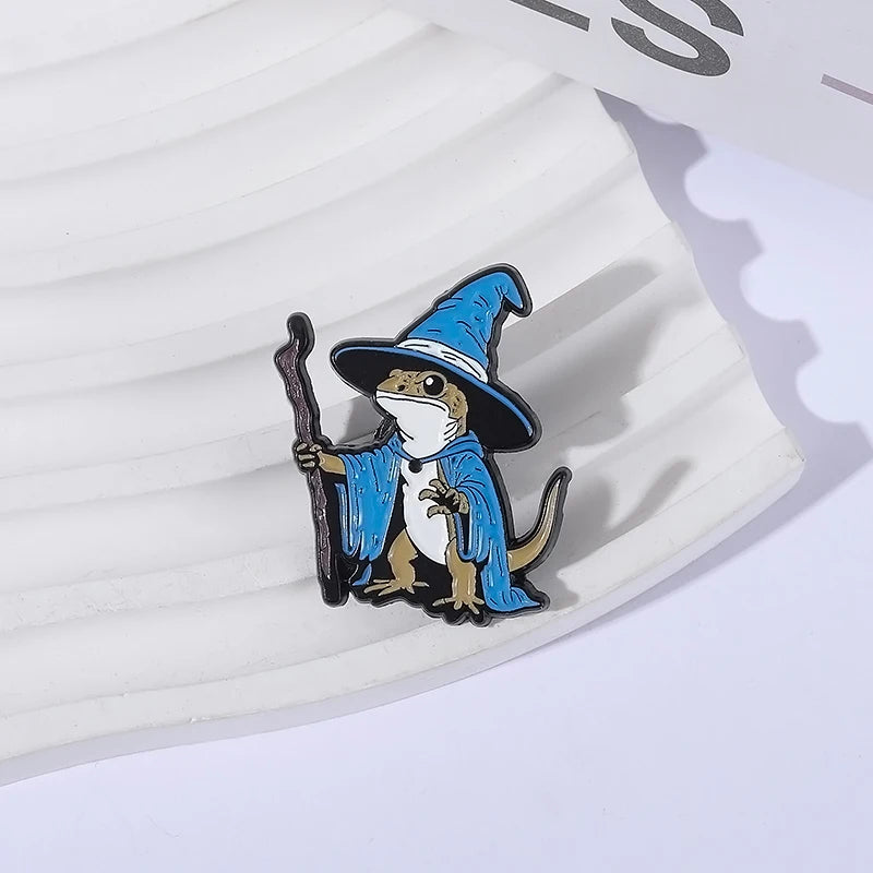 Lizard Wizard Enamel Pins Punk Gothic Blue Animal Metal Brooches Decorate Backpack Clothes Lapel Badge Funny Jewelry Gifts