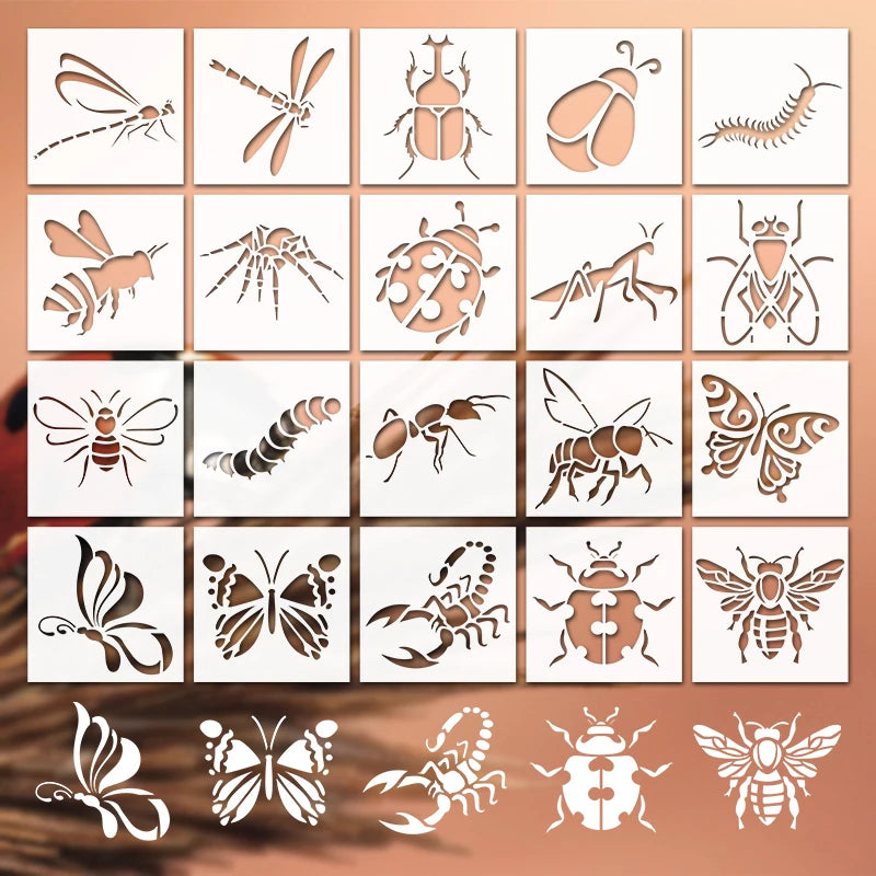 YOMDID 20pcs Insect Series Painting Hollow Out Stencils Reusable DIY Dragonfly, Bee, and other Insect Pattern Graffiti Templa