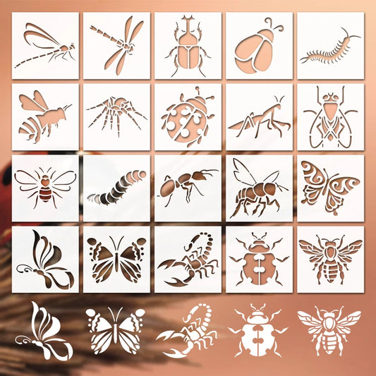 YOMDID 20pcs Insect Series Painting Hollow Out Stencils Reusable DIY Dragonfly, Bee, and other Insect Pattern Graffiti Templa