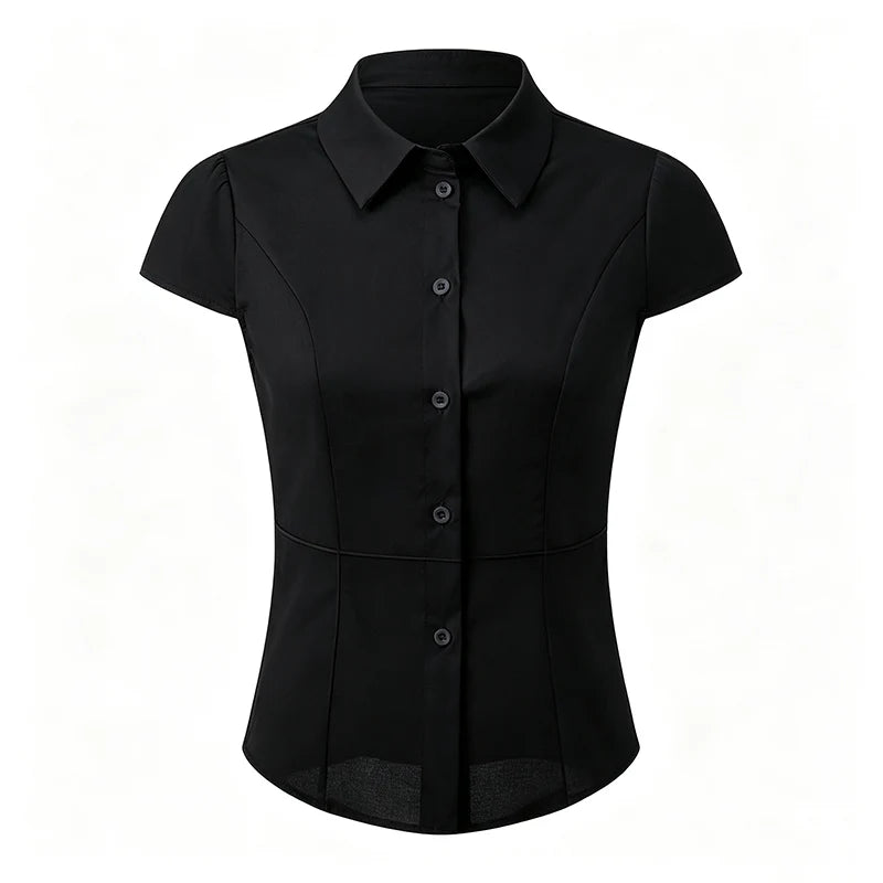 Women Short Sleeve Button Down Shirts Vintage Stripe Print Slim Fitted Cropped Collared Blouse Elegant Lady Business Shirts -