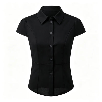 Women Short Sleeve Button Down Shirts Vintage Stripe Print Slim Fitted Cropped Collared Blouse Elegant Lady Business Shirts -