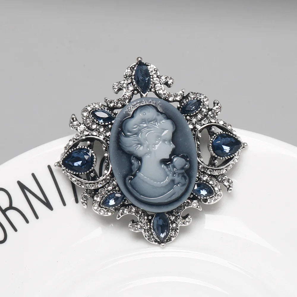 Victorian Crystal Rhinestones Cameo Vintage Brooches For Women Queen's Cameo Beauty Head Brooch Pin Clothing Accessor - D-132