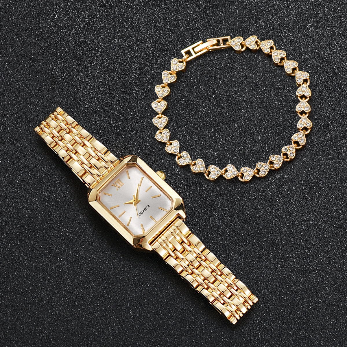 2PCS/Set Fashion Rectangle Women Quartz Watch Ladies Roma Dial Wristwatches Rhinestone Bracelet Set Reloj Mujer Girls Clock G