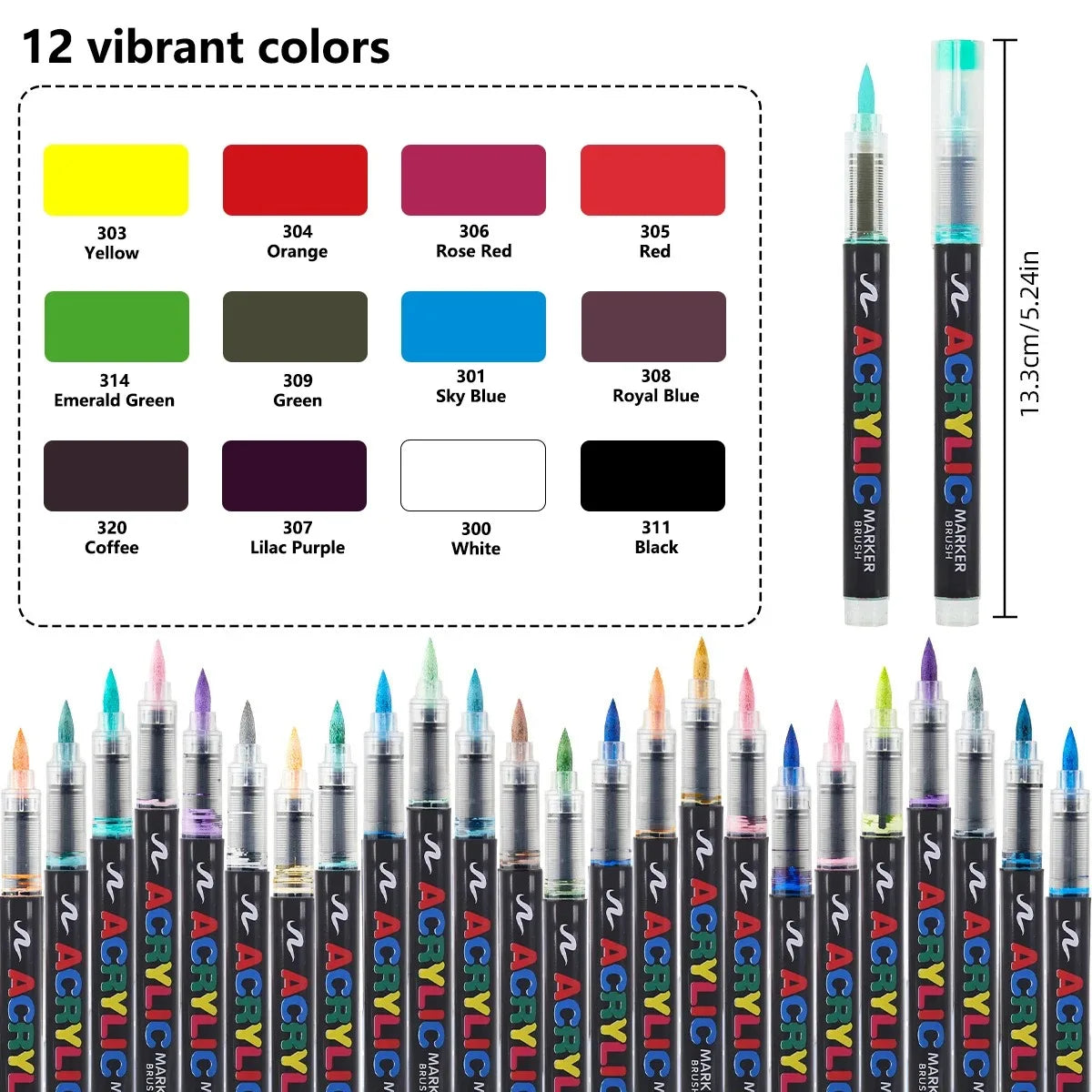 12-366 Colors Acrylic Marker Set Waterproof Acrylic Brush Marker Professional Acrylic Painting Marker DIY Art Supplies - 12 C