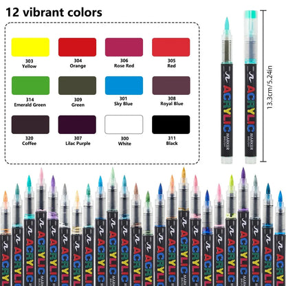 12-366 Colors Acrylic Marker Set Waterproof Acrylic Brush Marker Professional Acrylic Painting Marker DIY Art Supplies - 12 C