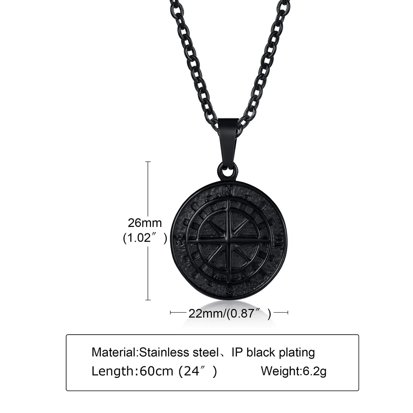 Vintage Compass Pendant Necklaces for Men Boys, Stainless Steel Coin Necklace, Rock Hiphop Collar Graduation Guide Gift