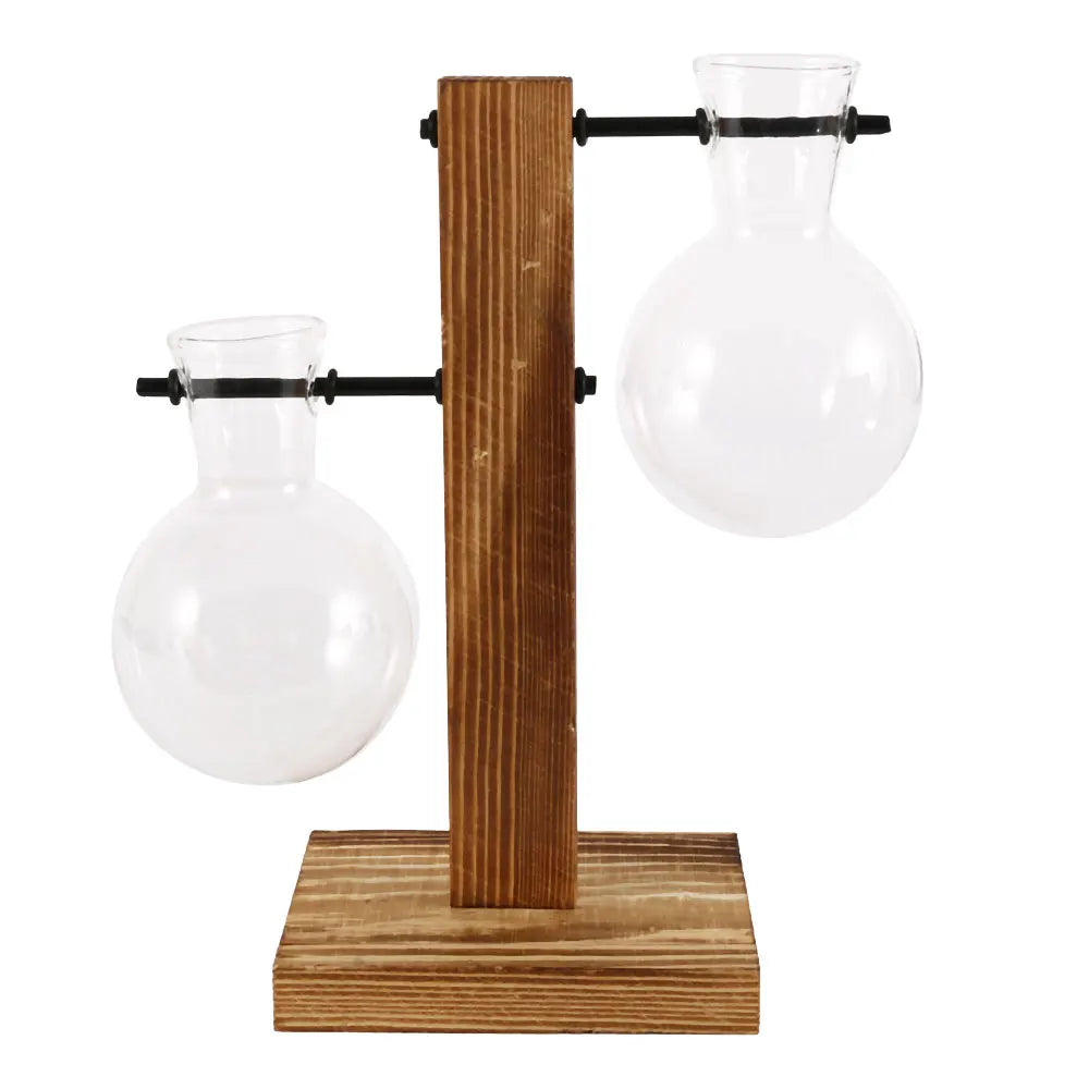 Creative Glass Desktop Planter Bulb Vase Wooden Stand Hydroponic Plant Container Home Tabletop Decor Vases - C