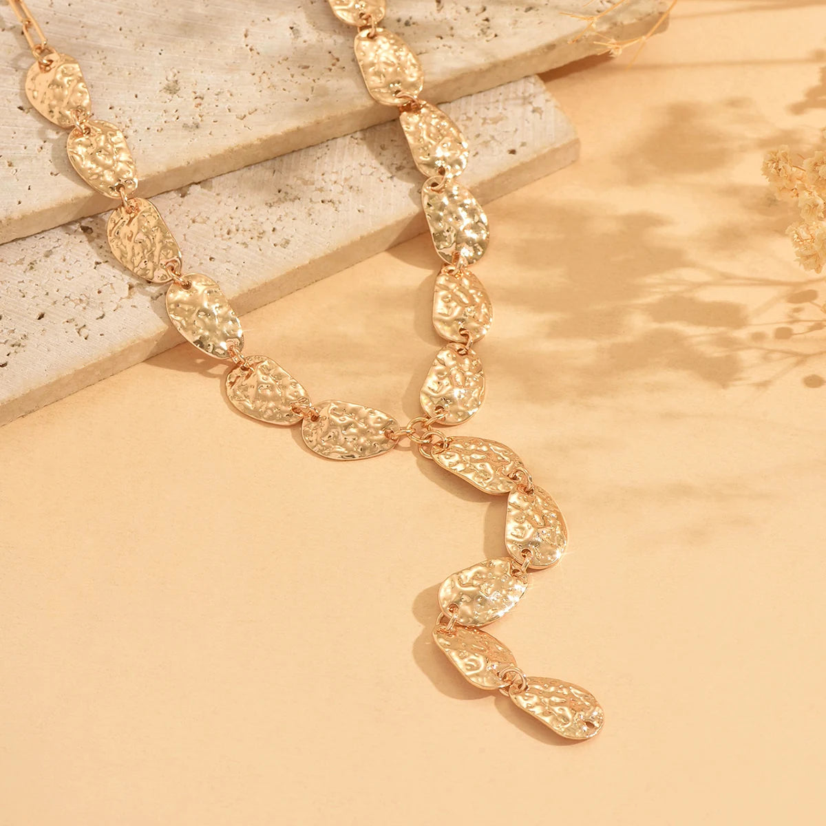 Vintage Y Shaped Lariat Necklace Gold Irregular Hammered Pendant Hypoallergenic Dainty Minimalist Daily Jewelry Gift for Wome