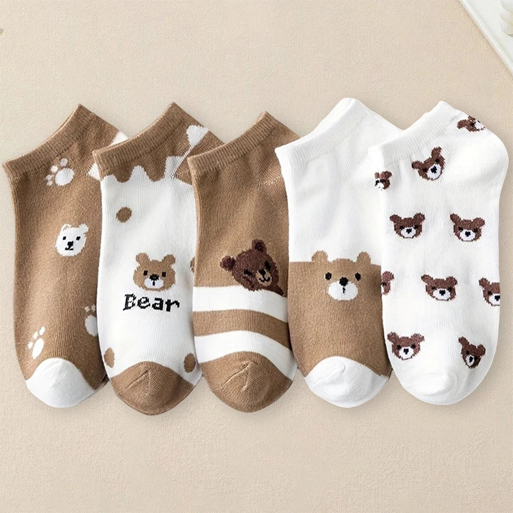 5 Pairs Women Cartoon Patterned Socks Trendy Versatile Breathable Sweat Wicking Deodorizing Antibacterial Comfortable Socks -