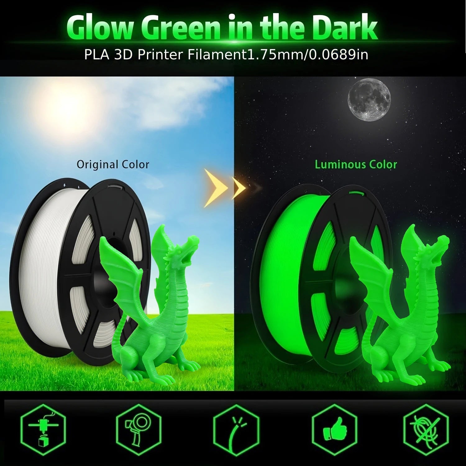DIY Christmas Gift, 1.75mm PLA Luminous 3D Printer Filament, 200g(0.44L）Spool, Glow in the Dark, for Most FDM Printers