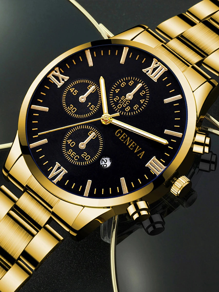 4pcs gold alloy Roman with calendar men's quartz watch and cross necklace bracelet ring set selected gift，Boxes not included