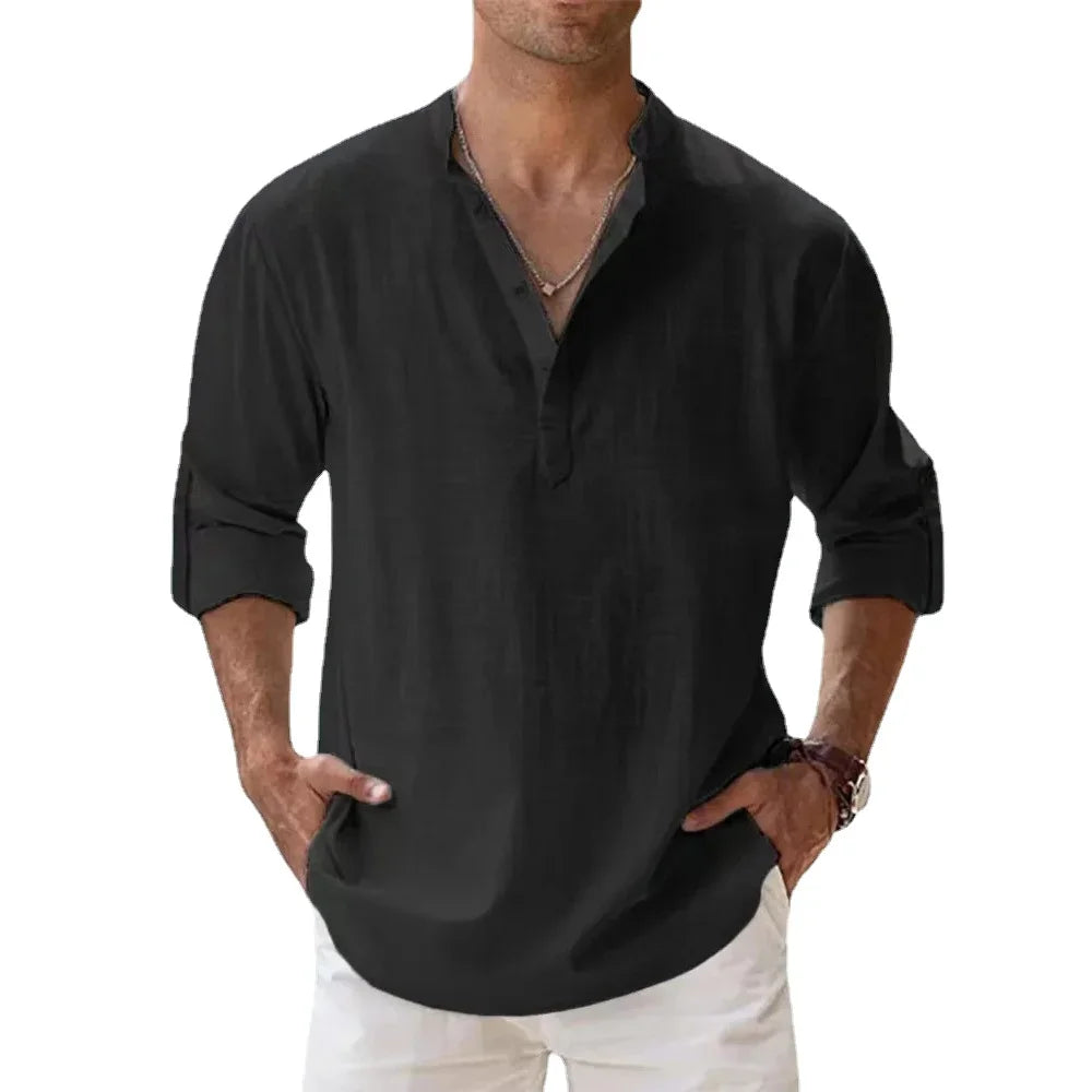 Cotton Linen Men's Long Sleeve Shirts Summer Solid Color Henley Collar Casual Beach Style Hawaiian Vacation