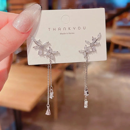 Summer Silver Plated Fashionable Tassel Inlaid Zircon Flower Earrings For Women, New Trendy Light Luxury Earrings Accessories