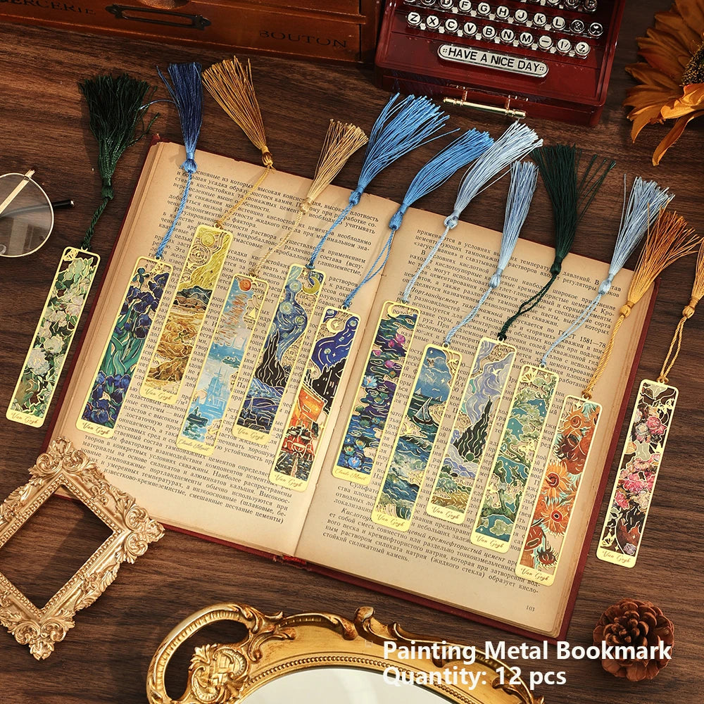12 pcs Vintage Painting Metal Bookmark Hollow Long Tassel Bookmark Students Reading Tool For Book Lovers Friends Office Schoo