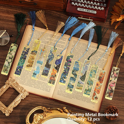 12 pcs Vintage Painting Metal Bookmark Hollow Long Tassel Bookmark Students Reading Tool For Book Lovers Friends Office Schoo