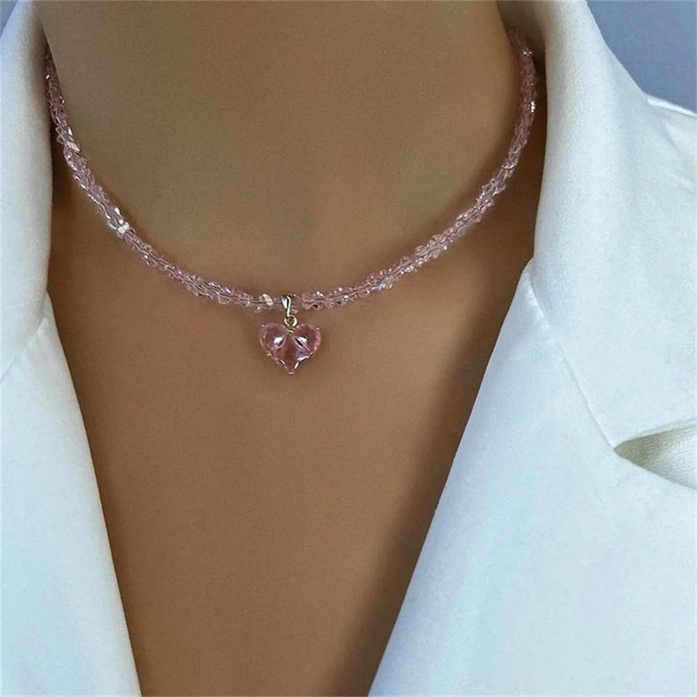 Fashion Vintage Sexy Zircon Heart Pendant Necklace For Women Female Boho Geometric Baroque Transparent Crystal Chain Jewelry 