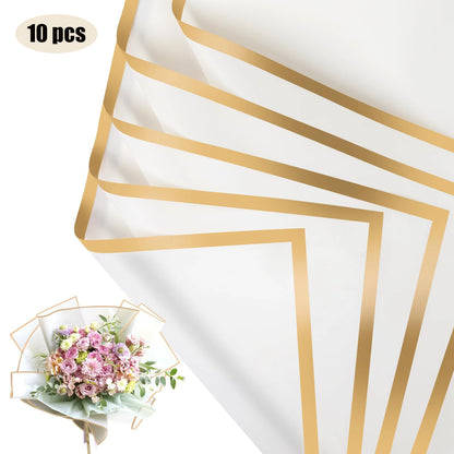 10 Sheets Flower Wrapping Paper with Golden Edges, Waterproof Bouquet Packaging - Ideal for DIY Weddings & Birthdays - 12-Whi