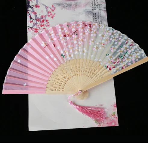 Retro Style Folding Fan Female Japanese Pattern Retro Cloth Art Craft Gift Home Decoration Ornament Dancing Hand Fan - Pink B