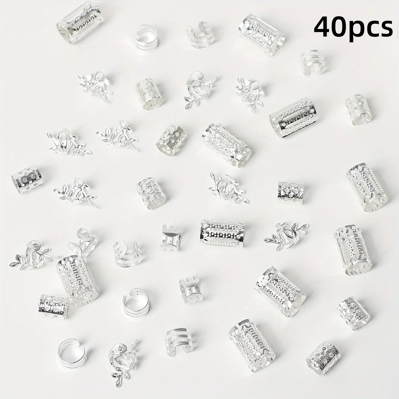 40/80PCS Elegant Hollow Out Hair Rings For Women Girls DIY Hair Accessories Loc Hair Jewelry for Braids - Silver