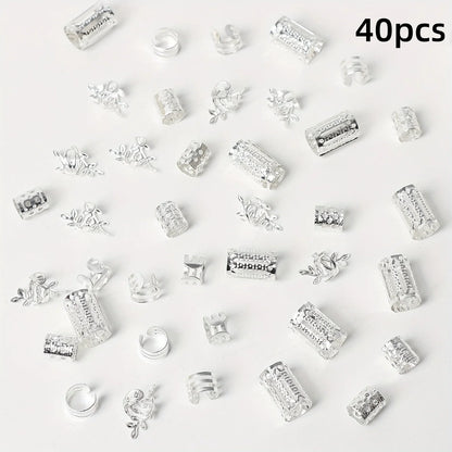 40/80PCS Elegant Hollow Out Hair Rings For Women Girls DIY Hair Accessories Loc Hair Jewelry for Braids - Silver