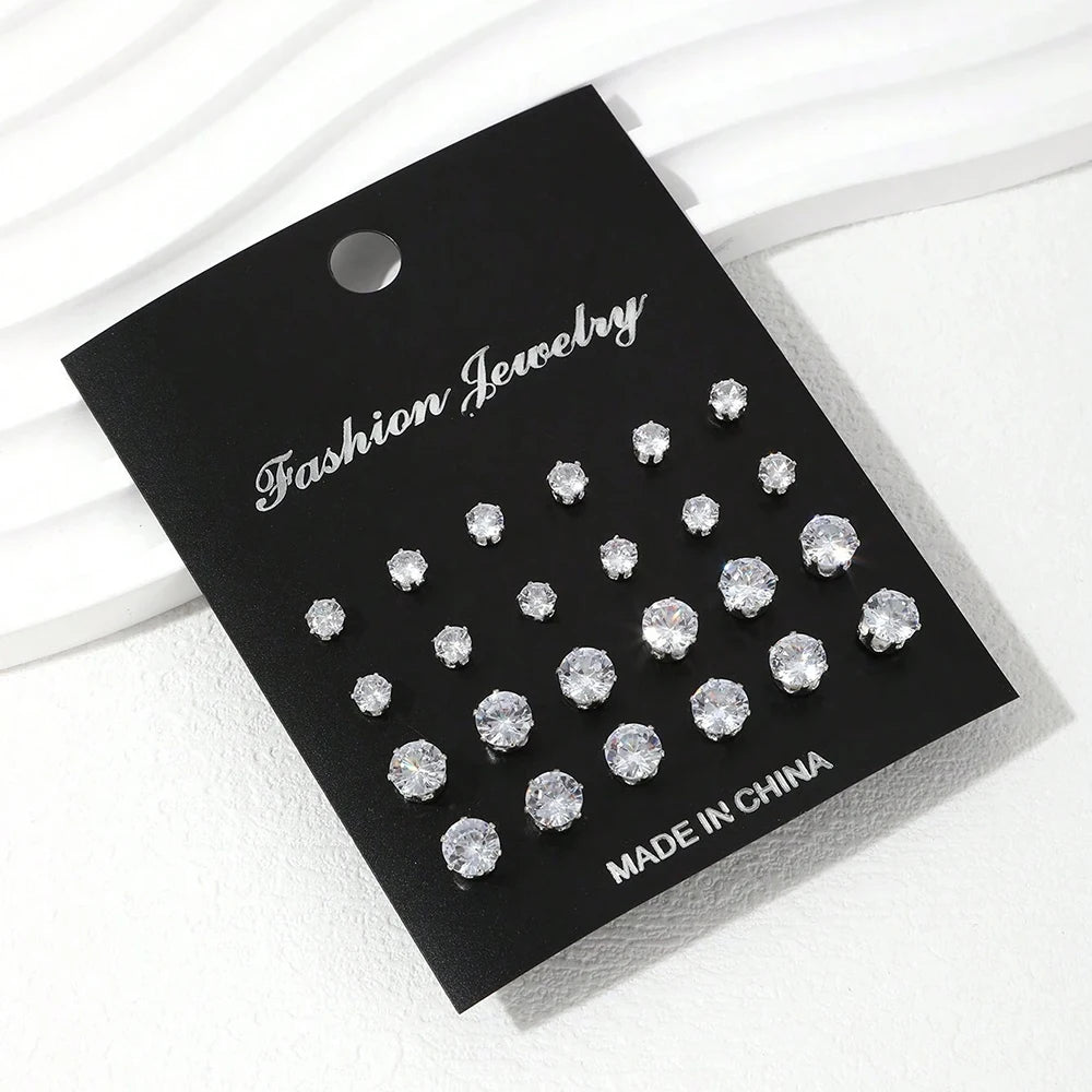 12/24/36 Pairs Shiny Zircon Stud Earrings Set for Women Men Daily Versatile Chic Silver Color Crystal Ear Jewelry Accessories