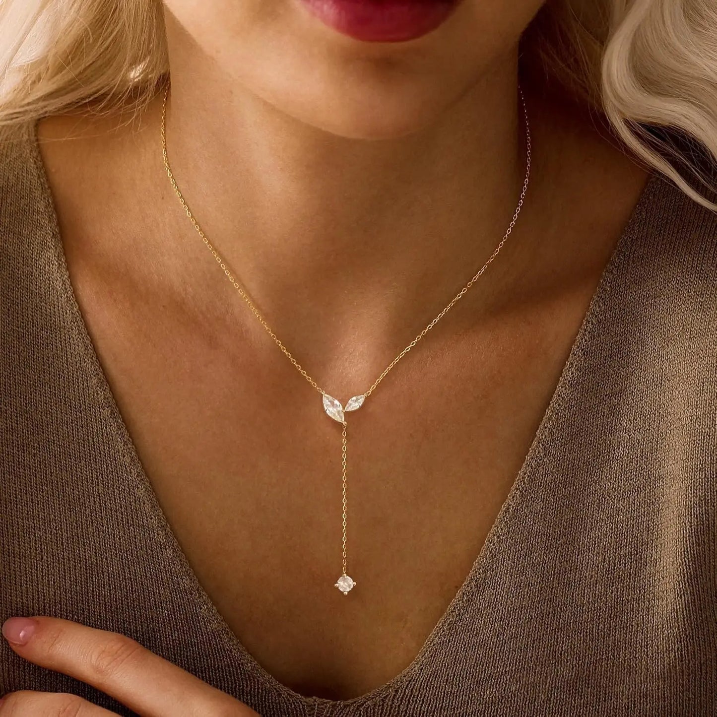 TRENDY Lariat Necklace 14K Gold CZ Y Shaped Teardrop Long Gold Necklace for Women - Prom Formal Summer Beach Jewelry