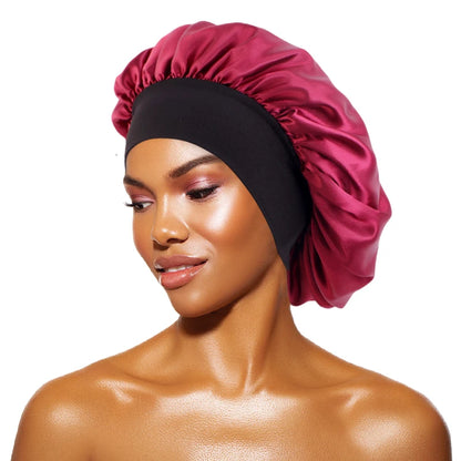 Women's Satin Solid Bonnets Wide-brimmed Night Sleeping Bathing Hat Unisex Head Wrap Elastic Band Cap Hair Care Bonnet - wine