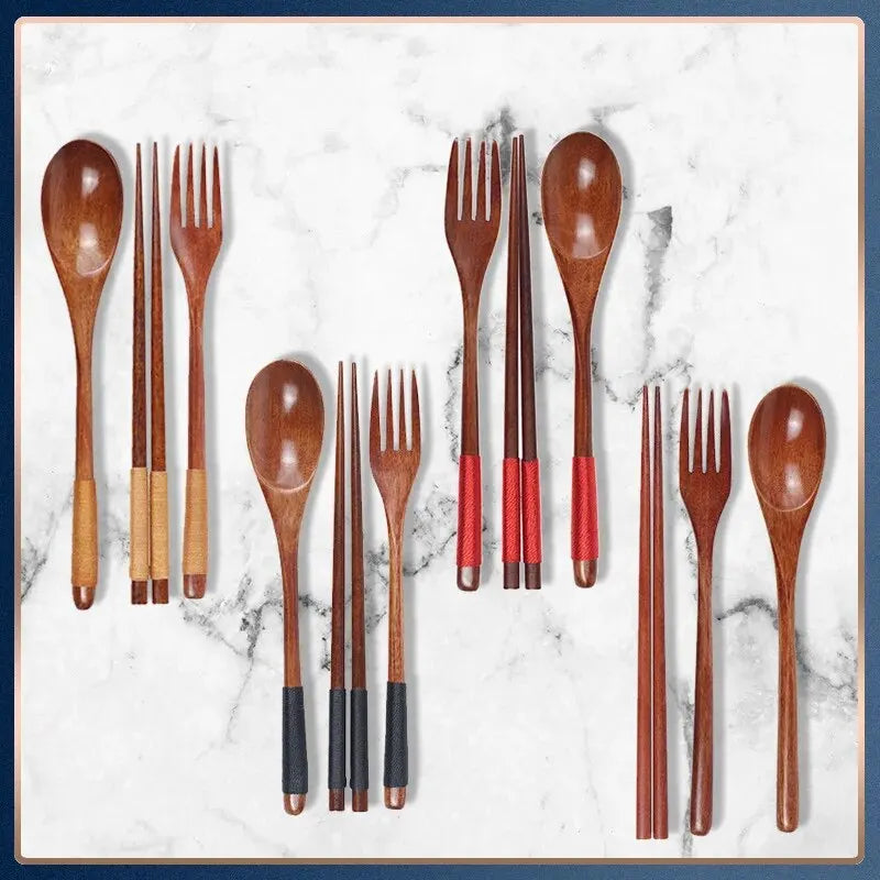 1pc Wooden Chopsticks Fork Spoon Three-piece Set Twine Japanese-style Tableware Kitchen Home Chopsticks Fork Spoon Cutlery Se