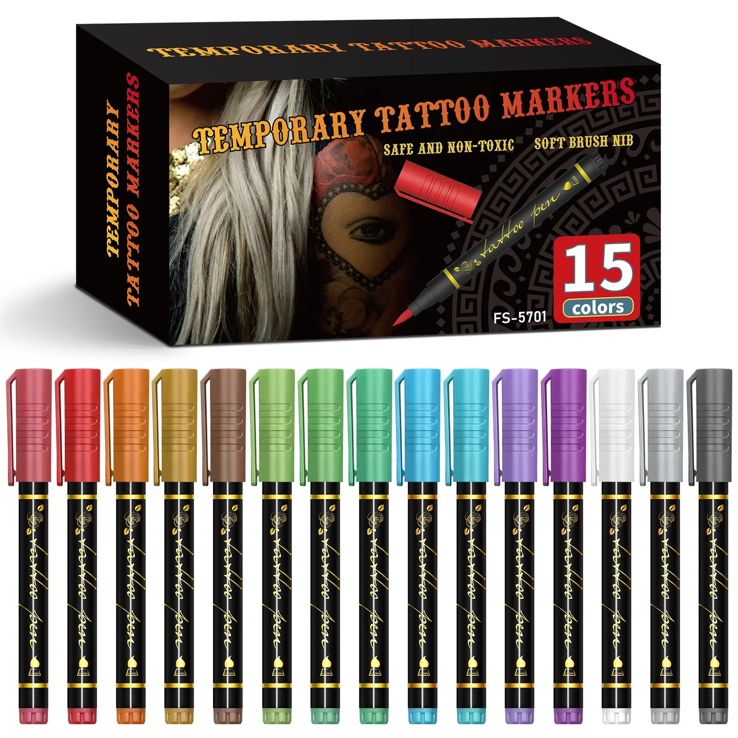 Temporary Tattoo Markers for Skin,10 Colors Tattoo Pens,Brush Tip,Bright colors,Face Paint Kit Cosmetic Quality,Halloween mak