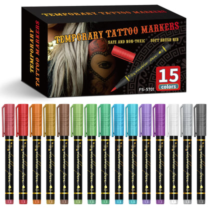 Temporary Tattoo Markers for Skin,10 Colors Tattoo Pens,Brush Tip,Bright colors,Face Paint Kit Cosmetic Quality,Halloween mak
