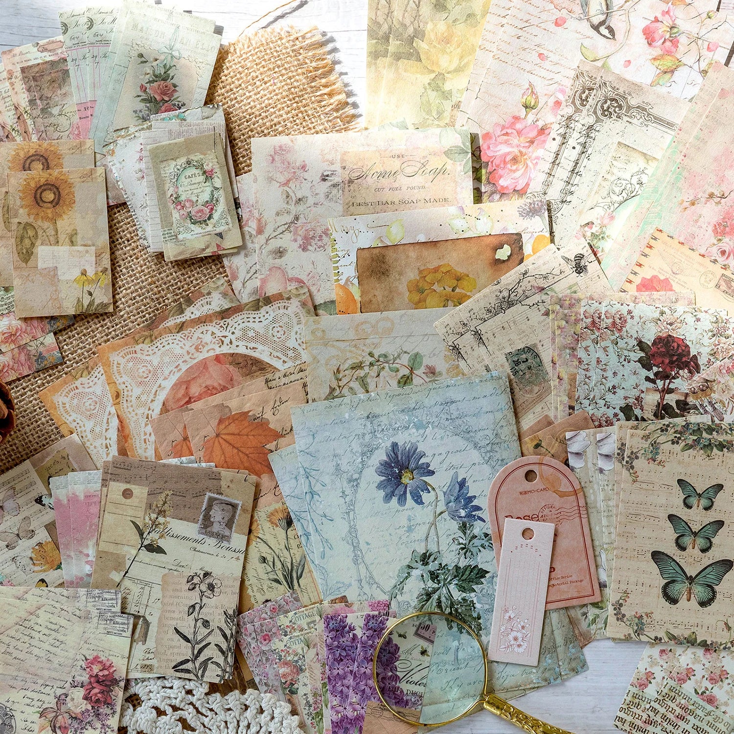 JIANQI 100pcs/pack Decor Scrapbook Vintage Materials Paper Combo Kit DIY Junk Journal Collage Photo Album Retro Background pa