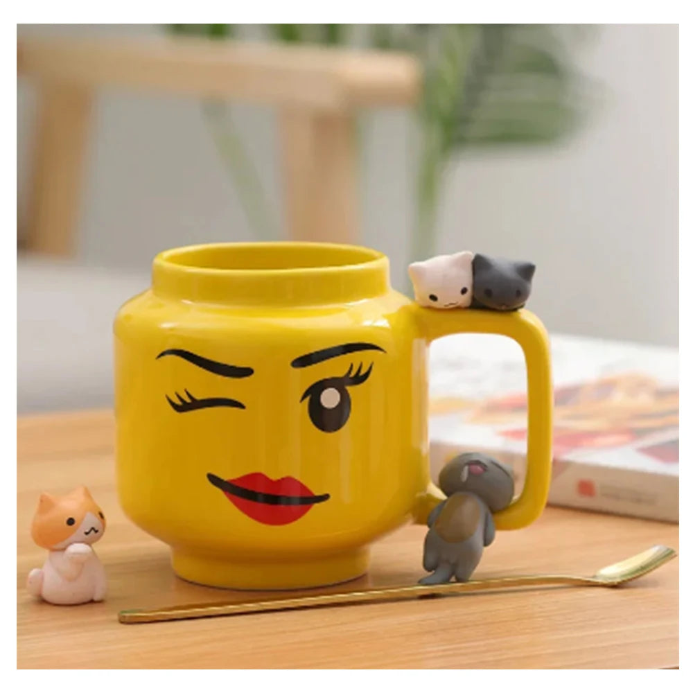 Cartoon Ceramic Mug Cup 250ML with Cute Impish Expression Figure Head Pattern Coffee Milk Tea Drinkware for Couple Friend Fam